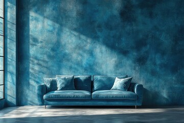 Poster - Modern blue sofa in a minimalist living room with textured wall and window light creating shadows