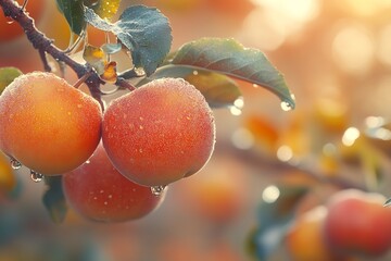 Aufkleber - Dew Covered Ripe Apples Hanging from a Tree in Warm Sunlight : Generative AI