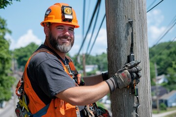 Poster - Lineman working on electrical pole installing fiber optic cable smiling at camera