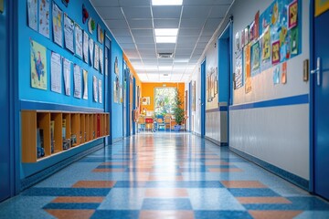 Aufkleber - Empty school hallway with colorful walls and drawings displayed