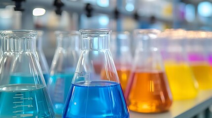 Aufkleber - Assorted Laboratory Beakers with Colorful Chemical Mixtures on Shelves : Generative AI