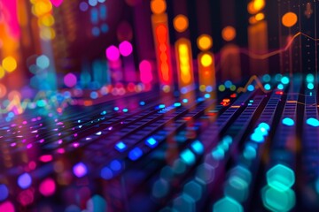 Poster - A vibrant display of colorful lights creates an abstract background, showcasing dynamic shapes and textures with a blend of hues in a digital environment.