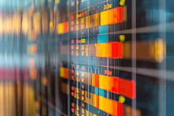 Poster - A vibrant display of digital data visualization highlights fluctuating metrics and statistics in a modern workspace, showcasing complex information.