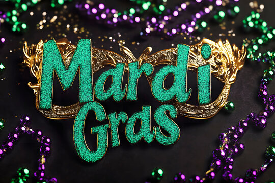 Glittering Mardi Gras Sign with Beads and Mask