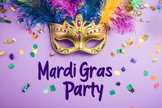 Mardi Gras Party Mask with Feathers and Confetti