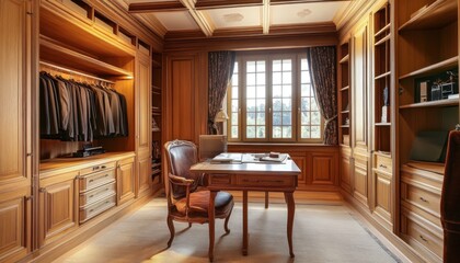 Wall Mural - Luxurious Wooden Home Office with a Window View