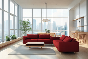 Wall Mural - Spacious modern living room with red sofa wooden table and large windows. The home design is bright and elegant