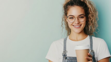 Wall Mural - A teenage girl with glasses and a casual outfit holds a coffee cup, smiling brightly, exuding youthful energy and a laid-back vibe.