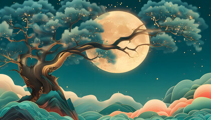 full moon night landscape with tree