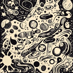 Aufkleber - Colorful abstract doodles showcase planets, stars, astronauts, rockets, and satellites in a fun and imaginative cosmic environment. Generative AI