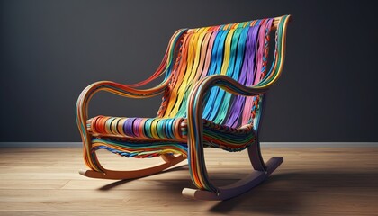 A fantastical rocking chair made of braided strands of rainbow ribbons, Generative AI