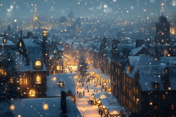 Wall Mural - picturesque city scene with snow-covered historic buildings, illuminated christmas markets, and twin