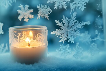 Poster - candle in frosted glass with icy snowflakes on a frosty winter evening