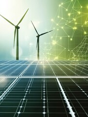 Poster - Solar panels and wind turbines showcase modern renewable energy technology with a minimalistic design and abstract green patterns in the background. Generative AI