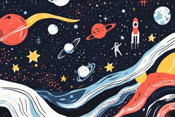 Aufkleber - Colorful doodles depict playful planets, bright stars, astronauts floating, and rockets soaring through a whimsical cosmic expanse. Generative AI