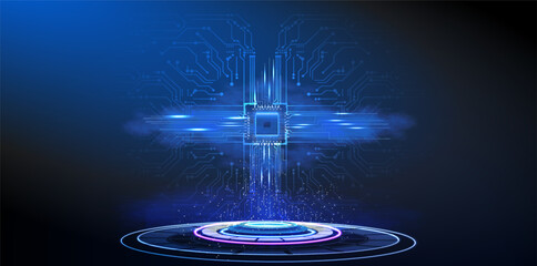 Poster - Digital technology abstract background showcasing a blue circuit design and glowing elements at night.