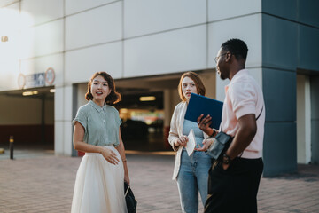 Wall Mural - A diverse group of young people engaging in a discussion outside. The multicultural business team is collaborating in a vibrant city setting.