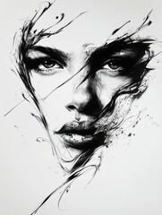 Poster - A striking ink portrait reveals intense emotions through bold shadows and intricate lines, showcasing the subject's expressive features. Generative AI