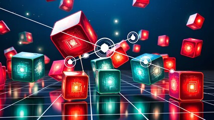 Abstract Blockchain Network with Red and Blue Digital Cubes

