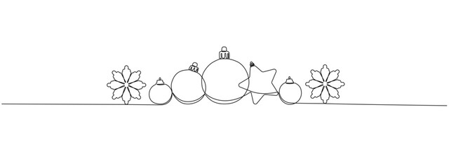 Poster - Christmas tree ornaments, snowflakes of one continuous line. Christmas decoration in a simple linear style. Festive Christmas card. Vector editable illustration.