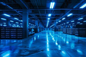 Poster - In an underground data center, rows of servers are illuminated by striking blue lights, highlighting a sleek and organized layout in a vast space.