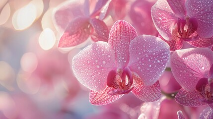 Wall Mural - close-up of pink orchids with dew drops in soft natural light