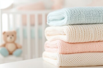 Canvas Print - Pastel baby blankets stacked in a nursery with plush toys providing a cozy atmosphere for infants