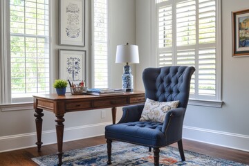 Wall Mural - A blue armchair with a patterned cushion sits next to a wooden desk with a lamp and a small plant, in a room with white walls and windows with white shutters.