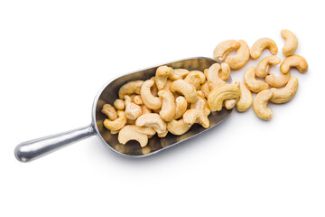 Wall Mural - Roasted cashew nuts in scoop  isolated on white background.