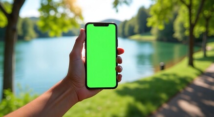 Hand holding smartphone with green screen in park with lake and trees, perfect for mockup and marketing presentation