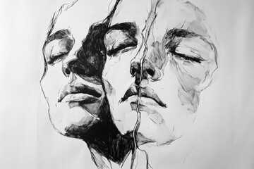 Aufkleber - Two expressive faces convey a range of emotions through intricate ink strokes, illuminated by stark contrasts of black and white. Generative AI
