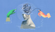 © Solarisys - Contemporary art collage, design. Abstract doctor hands near human head, working with mental issues. Psychiatrist. Concept of medical assistance, treatment, mental treatment - fix your brains concepts