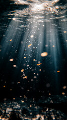 Poster - Sunlight penetrates deep ocean water illuminating rising bubbles and particles