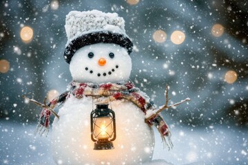 Wall Mural - A cheerful snowman stands in the snow with a warm lantern,  dressed in a hat and scarf.