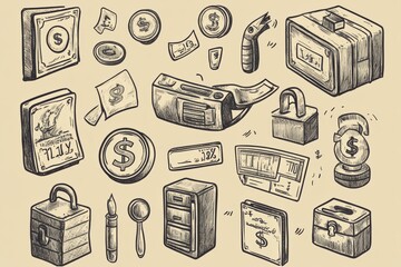 Fototapete - This collection features hand-drawn doodles showcasing various financial icons like coins, dollar bills, safes, and credit cards for a creative touch. Generative AI