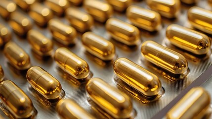 Wall Mural - Golden capsule pills arranged in blister packaging close-up