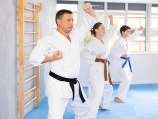 Wall Mural - Group of athletic people in kimonos try new fighting techniques at karate lessons