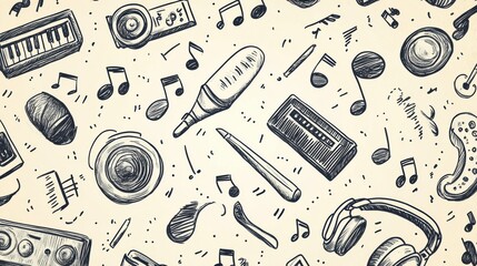 Poster - This fun and intricate doodle displays a variety of musical instruments, notes, and sound elements, perfect for music lovers and creatives. Generative AI