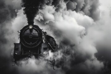 Wall Mural - Historic steam train travels through dramatic clouds at sunset, evoking nostalgia and adventure in a picturesque landscape