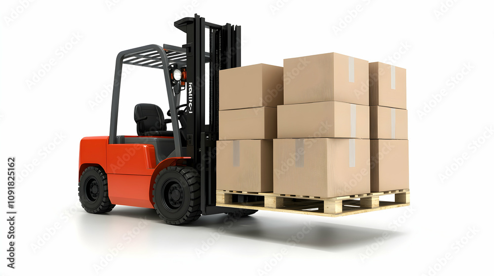 Red forklift lifting a pallet of cardboard boxes on a white background ...