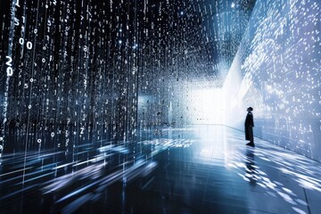 Fototapete - Exploration of digital art installation showcasing binary code in a darkened space illuminated by light patterns