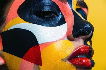 Fototapete - Model dressed in vibrant body paint poses against a colorful swirling background showcasing artistic makeup skills and creativity