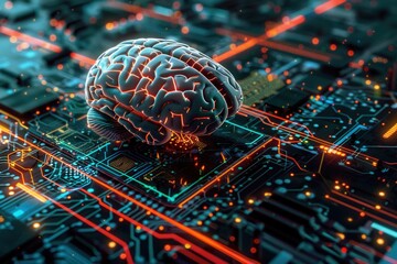 Fototapete - Artificial intelligence concept depicting a human-like head with a complex circuit board brain, illustrating the fusion of technology and humanity in a futuristic design