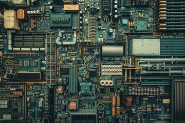Aufkleber - Close-up view of a circuit board illuminated by orange lights showcasing intricate components and connections in a technological setup