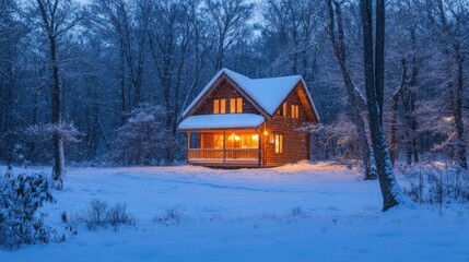 Poster - Cozy Cabin Illuminated in a Snowy Winter Forest