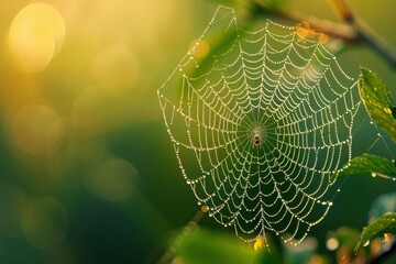 Poster - Delicate spider web adorned with droplets glistens in morning light among lush green foliage creating a serene nature scene
