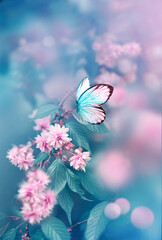 Wall Mural - branch of blossoming sakura cherry on spring background, fluttering blue butterfly in spring on natu