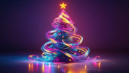 Wall Mural - Abstract Christmas tree made of colorful lights and ribbons.