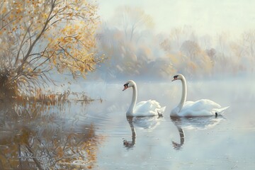 Poster - Swans engage in courtship display on a misty lake in the early morning, surrounded by calm waters and soft reeds