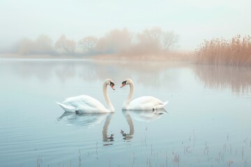 Poster - Swans engage in courtship display on a misty lake in the early morning, surrounded by calm waters and soft reeds